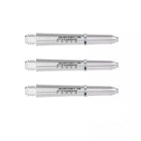 Three translucent polycarbonate dart shafts side by side isolated on white background showing grip zones and clear Prism Force text