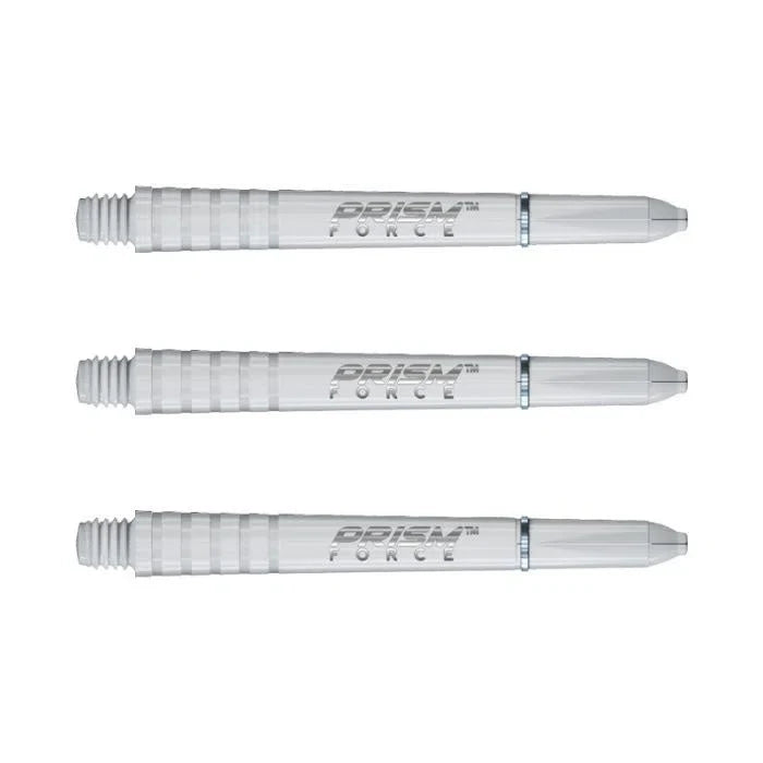 Three translucent polycarbonate dart shafts arranged side by side on white background, showcasing grip texture and threaded tips for dart equipment