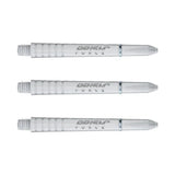 Three translucent polycarbonate dart shafts arranged side by side on white background, showcasing grip texture and threaded tips for dart equipment