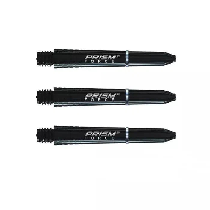 Set of three black polycarbonate Prism Force dart shafts aligned horizontally on white background showing grip zone and full shaft detail