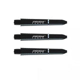 Set of three black polycarbonate Prism Force dart shafts aligned horizontally on white background showing grip zone and full shaft detail