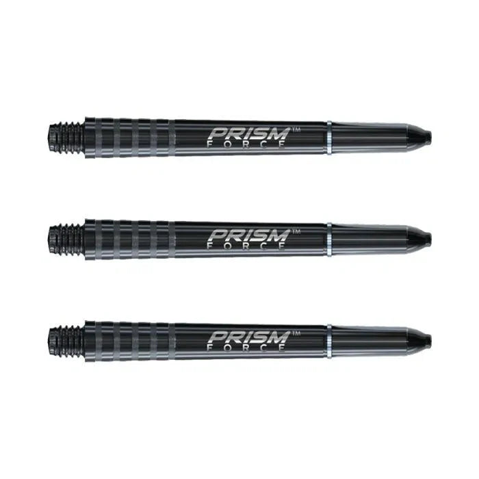 Three black Prism Force dart shafts aligned horizontally on white background, showing textured grip and clear shaft logo