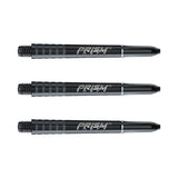 Three black Prism Force dart shafts aligned horizontally on white background, showing textured grip and clear shaft logo