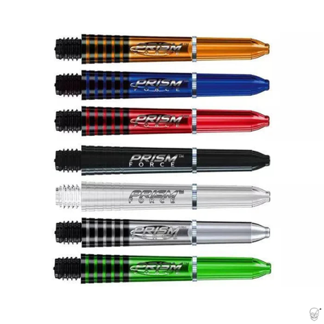 Assorted Prism Force dart shafts in multiple translucent colors, side-by-side on white, showing grip texture and threaded bases for darts