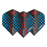 Set of three Prism Zeta No.2 dart flights in black with blue and red patterns, full front view on white background