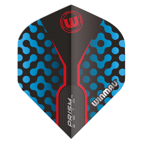 No.2 dart flight with black base, blue dot pattern, red accents, and Prism Zeta text, isolated on white background