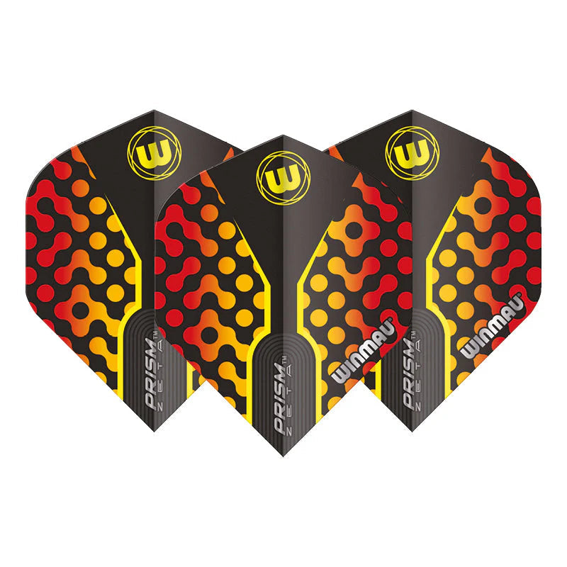 Set of three black and orange Prism Zeta No.2 dart flights displayed side by side with bold geometric pattern on white background