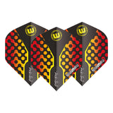 Set of three black and orange Prism Zeta No.2 dart flights displayed side by side with bold geometric pattern on white background