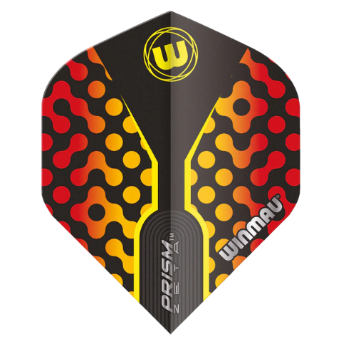 Full view of black and orange Winmau Prism Zeta No.2 dart flight, isolated on white, showing bold honeycomb pattern and textured detailing