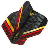 Angled close-up of black, red, and gold No.2 dart flight with geometric design and metallic detailing, isolated on white
