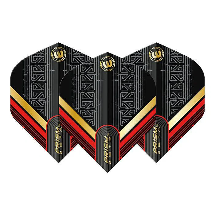 Set of three Prism Zeta No.2 dart flights in black, red, and gold, full view on white background, highlighting geometric pattern and glossy finish.