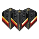 Set of three Prism Zeta No.2 dart flights in black, red, and gold, full view on white background, highlighting geometric pattern and glossy finish.