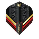 Single Prism Zeta No.2 dart flight black with gold and red chevron pattern, isolated on white, full front view