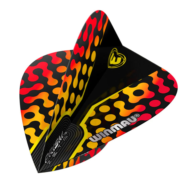 Close-up angled view of a single Prism Zeta kite dart flight, black with red and yellow pattern, isolated on white background