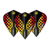 Three Prism Zeta kite dart flights on white background, black with yellow and red honeycomb pattern, arranged to show full flight design