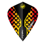Kite dart flight in black, yellow, and red with Prism Zeta pattern, full front view isolated on white background