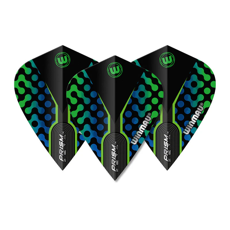 Set of three kite dart flights in blue, green, and black geometric pattern, full view on white background, Prism Zeta design.