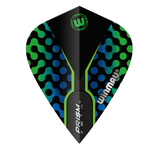 Full view of kite-shaped dart flight with blue, black, and green geometric pattern, isolated on white background