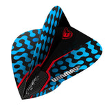 Close-up angled view of a single kite-shaped dart flight in blue, black, and red with bold pattern and textured Prism Zeta branding.