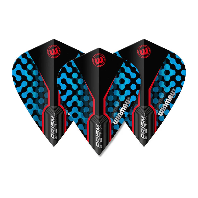 Three Prism Zeta kite dart flights arranged fanned on white background, featuring blue, black, and red modern pattern for darts