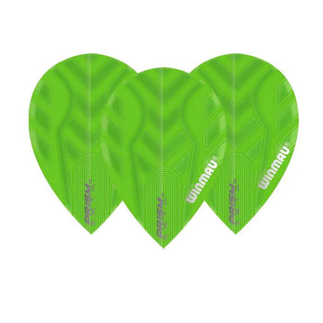 Three green pear-shaped dart flights arranged side by side, showing Prism Zeta design and textured pattern on white background