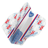 Angled close-up of white No.2 dart flight with PDC logos, textured surface, and red-blue trim for dart accessories