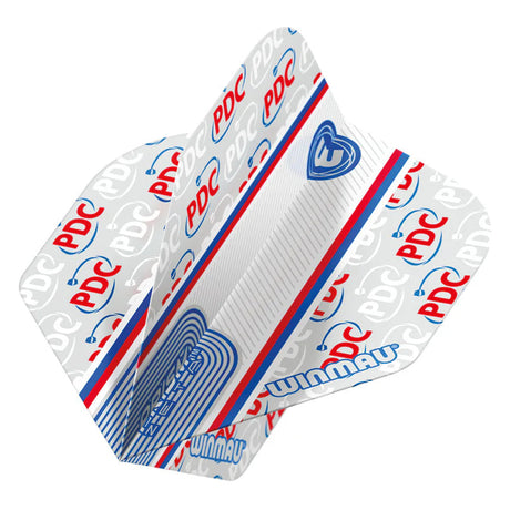 Angled close-up of white No.2 dart flight with PDC logos, textured surface, and red-blue trim for dart accessories
