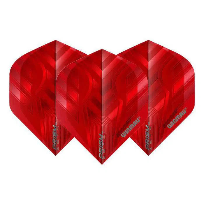 Three red Prism Zeta No.2 dart flights in side-by-side full view on white, highlighting 100 micron material and bold textured pattern