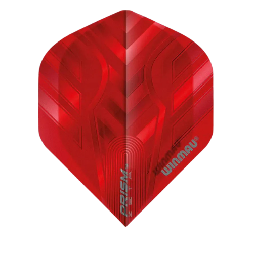 Red No.2 dart flight with Prism Zeta geometric design, 100 micron thickness, isolated on white background, close-up for dart accessories