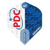 Full view of white and blue dart flight with PDC logo, Prism Zeta pattern, No.2 standard shape, isolated on white background