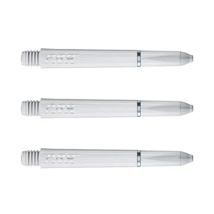 Three white nylon dart shafts aligned side by side, showcasing ring grip design and engraved Pro Force text on white background