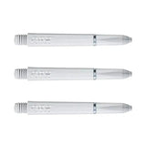 Three white nylon dart shafts aligned side by side, showcasing ring grip design and engraved Pro Force text on white background