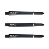 Set of three black nylon dart shafts with ring grip, full-length view on white background for dart accessories