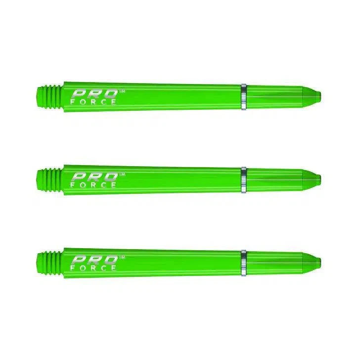Three green Pro Force dart shafts aligned side by side on white background, showing nylon ring grip and threaded tips for darts.