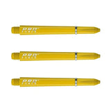 Three yellow Pro Force dart shafts with ring grip, isolated on white background, horizontal alignment, threaded tips visible