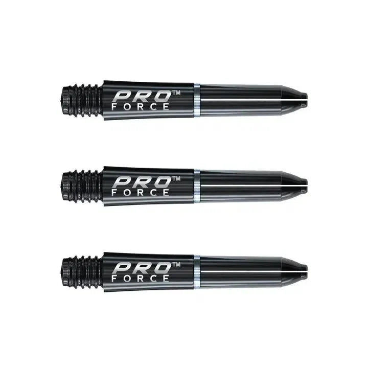 Three black Pro Force dart shafts displayed horizontally on white background highlighting grip rings and logo