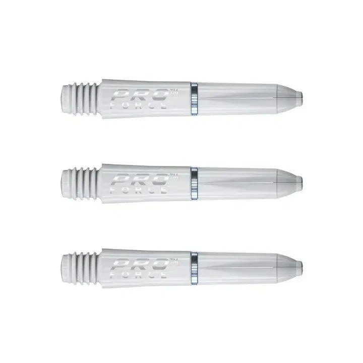 Three white Pro Force dart shafts with ribbed threaded grips and nylon ring, full product view on white background.