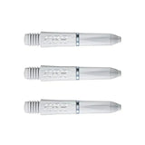 Three white Pro Force dart shafts with ribbed threaded grips and nylon ring, full product view on white background.