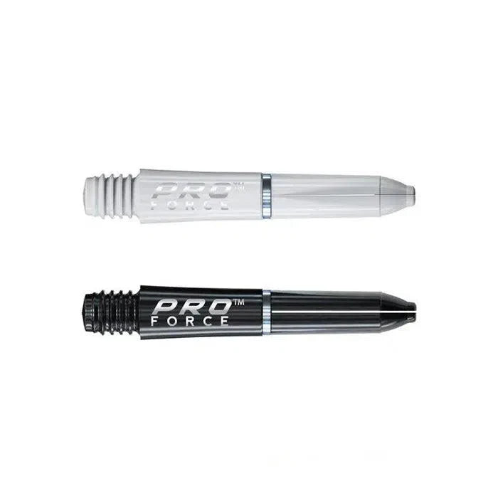 Two Pro Force dart shafts in black and white, full view, isolated on white, showcasing ring grip and engraved branding for darts setup.