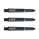 Set of three black nylon dart shafts with ring grip and threaded tips, full product view on white background