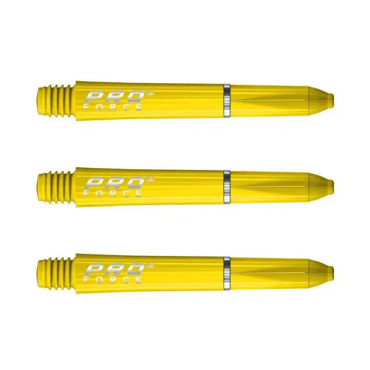Three yellow dart shafts with ring grip detail aligned on white background, showcasing threading and grip for dart equipment buyers