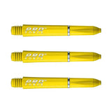 Three yellow dart shafts with ring grip detail aligned on white background, showcasing threading and grip for dart equipment buyers