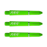Three green Pro Force dart shafts isolated on white background, showing nylon ring grip and threaded barrel design.