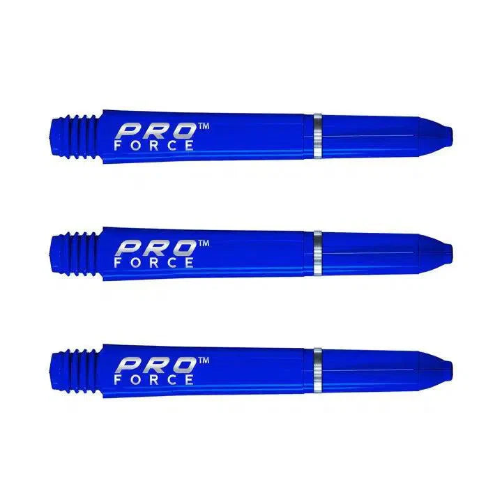 Three blue dart shafts with Pro Force branding and ring grip, isolated on white, horizontal layout for dart accessories buyers