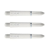 Three white Pro Force dart shafts with nylon ring grip technology isolated on white background, full side view highlighting grip texture