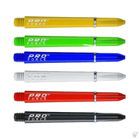 Six colored dart shafts with ring grips and Pro Force branding, full product view on white background, arranged horizontally