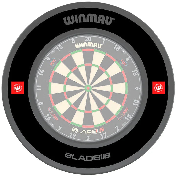 Top-down view of black dartboard surround fitted around dartboard, highlighting snug protective fit for bristle dartboards