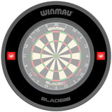 Top-down view of black dartboard surround fitted around dartboard, highlighting snug protective fit for bristle dartboards