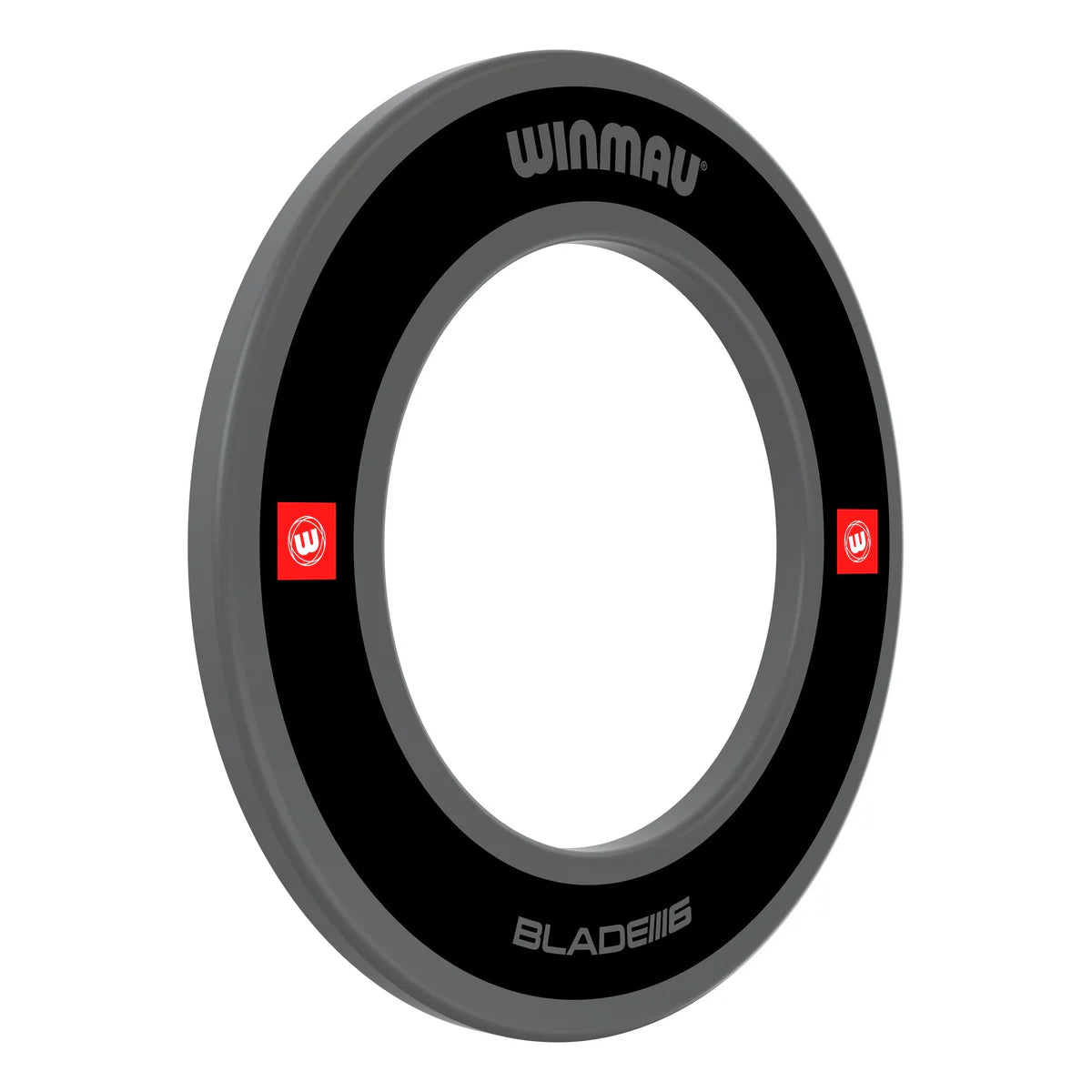Angled view of black dartboard surround ring with grey edge, 'BLADE 6' text, and red logo accents for home dart protection