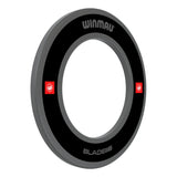Angled view of black dartboard surround ring with grey edge, 'BLADE 6' text, and red logo accents for home dart protection